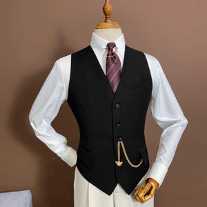 Herren Schwarz Einfache Einreiher Weste im klassischen Stil kein Revers mit Taschen mit Klappe - Tailored Fit