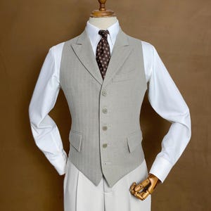 Beige color Tweed Herringbone Waistcoat with Peak Lapel - Tailored Fit Single-Breasted vest