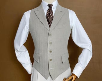 Beige color Tweed Herringbone Waistcoat with Peak Lapel - Tailored Fit Single-Breasted vest