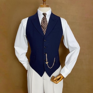 Men’s Navy Single-Breasted Waistcoat with Peak Lapel - Tailored Fit