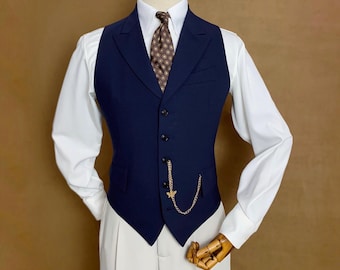Men’s Navy Single-Breasted Waistcoat with Peak Lapel - Tailored Fit