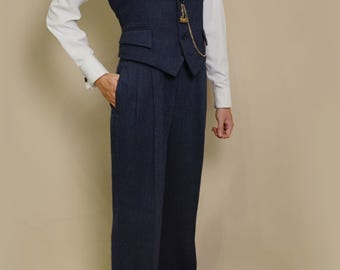 Set Navy Blue Tweed Herringbone Waistcoat & Hollywood Trousers Men’s Peak Lapel Vest | High Waist Classic Wide Leg Pants | Custom Tailoring