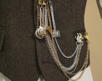Pocket Watch’s Chain with Decorative Charm gold tone and silver tone handmade retro-inspired