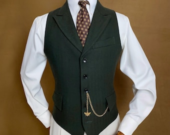 Mossy green color Tweed Herringbone Waistcoat with Peak Lapel - Tailored Fit Single-Breasted vest