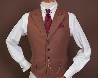 Rust Brown Wool Waistcoat - Peak Lapel 5-Button single-breasted Tailored Vest | Burnt Orange Classic Waistcoat