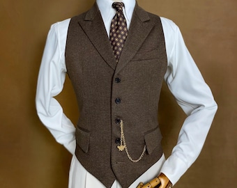 Brown color Tweed Herringbone Waistcoat with Peak Lapel - Tailored Fit Single-Breasted vest