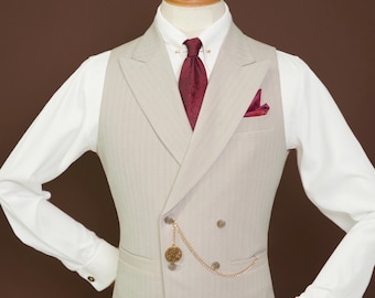 Herringbone Double-Breasted Waistcoat Ivory White with Peak Lapel - Tailored Fit Handmade Wedding Groom Vest Cream Off-white Color