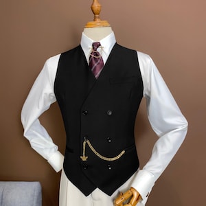 Men’s Black Simple Double-Breasted Classic style Waistcoat no Lapel - Tailored Fit