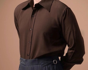 Brown Men’s Regular Fit Dressed Shirt With Classic Big Wide Collar | Long Sleeves Formal French Double Cuff or Basic Cuff