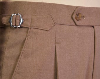 Light Brown Beige High Waisted Wool Blend Trousers for Men, Pleated Dress Pants, Side Tab Pants, Straight Leg Tailored Trousers, Cuffed Hem