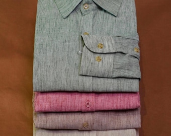 Men’s Long Sleeve Linen Dress Shirt – Lightweight Breathable Summer Casual, Pastel Colors White Beige Mint Green Brown Pink Red Regular Fit