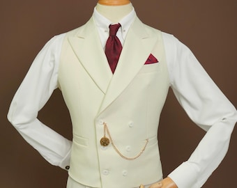 Off-white Double-Breasted Waistcoat with Peak Lapel - Tailored Fit Cream Color Wedding vest