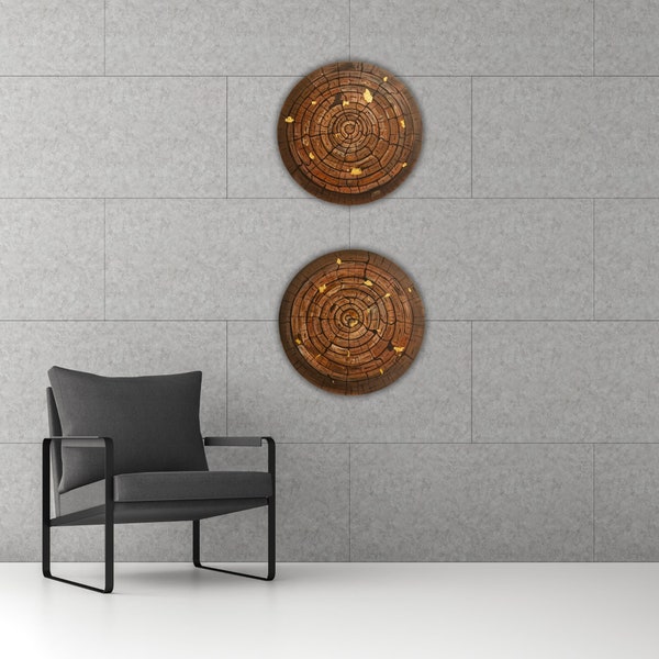 RUSTIC CHARM: Set of 2 Round Paintings with Wooden Structures and Golden Accents Abstract Art