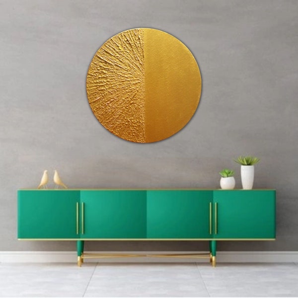 ROUND GOLDEN SPLIT Painting | Dynamic and Serene Design |Abstract Art |  Golden Stylish Wall Decor |Modern Artwork Design | Round Canvas Art