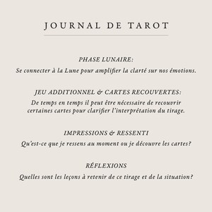 May include: A printable journal page with the title "Journal de Tarot" in French. The page includes sections for recording the lunar phase, additional cards, impressions and reflections.
