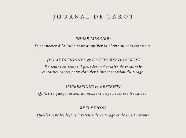 May include: A printable journal page with the title "Journal de Tarot" in French. The page includes sections for recording the lunar phase, additional cards, impressions and reflections.