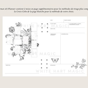 May include: A black and white printable planner page with a floral design and the text "White Hart Magic". The page is divided into sections for date, phase lunaires, jeu de tarot, mots cl&eacute;s, impressions & ressentis, interpretation, reflections, and questions.