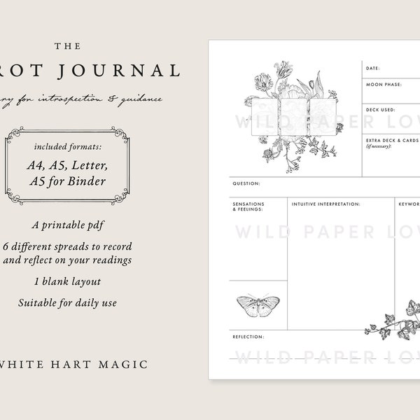 Tarot Journal Printable - Digital tarot diary - Vintage botanical edition - A4 + Letter + A5 Binder + iPad - Downloadable printable PDF