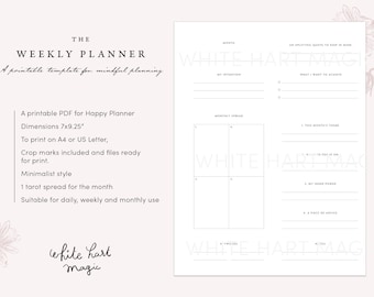 Printable Weekly Planner with a Tarot monthly spread - Minimalist - Happy Planner format to print on A4 or US letter paper - Download a PDF