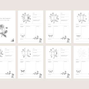 May include: A black and white printable journal spread with a floral design and the text "Journal de Tarot". The spread includes sections for recording tarot card readings, interpretations, and reflections.