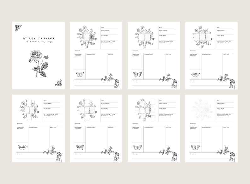 May include: A black and white printable journal spread with a floral design and the text "Journal de Tarot". The spread includes sections for recording tarot card readings, interpretations, and reflections.