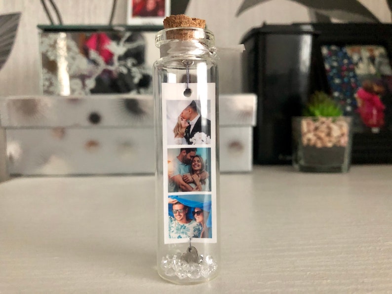 Mini photo gift - personalised message in a glass bottle, Love you gift for her or him for anniversary or birthday, Christmas, Mother's Day 