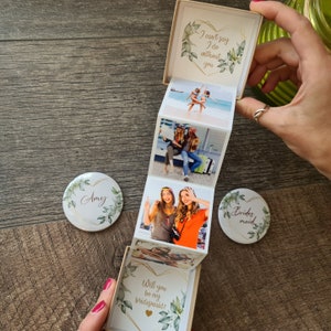 Will you be my bridesmaid / maid of honour / matron of honour eucalyptus proposal gift photo pull up gift box card with a badge or a mirror
