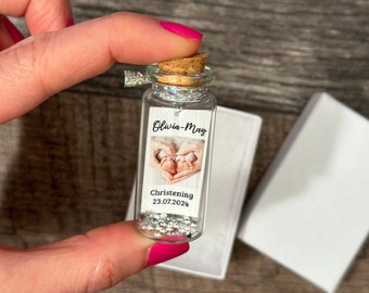 Personalised Christening Baptism Favours, First Holy Communion Favors guest miniature photo strip in a glass mini bottle gifts in gift boxes