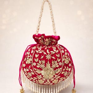 Bolso Potli de novia, monedero de terciopelo rosa con zardozi y asa de perlas, bolso de mano para bodas indias, bolso para lehenga y sari.