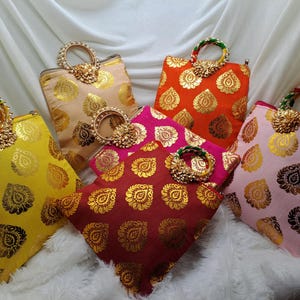 Handmade Brocade Potli Bags with Pearl Handle | Indian Wedding Return Gift Clutch Purse