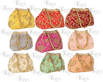 May include: Nine embroidered clutch bags with beaded handles. The bags are in various colors, including yellow, red, gray, pink, peach, green, and cream.