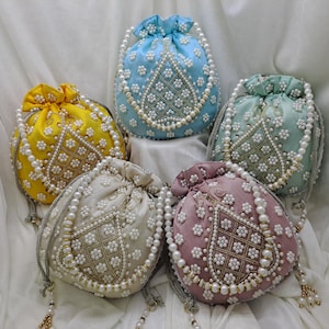 Embroidered Pearl Potli Bag: Indian Wedding Clutch, Ethnic Drawstring Pouch