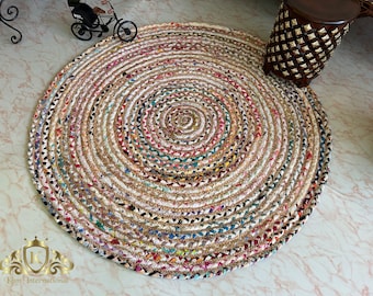 Hand Braided Cotton and Jute Multi-color Round Rug, Indian Handmade Rugs Braided Beautiful Traditional Rugs Room Decor Carpet