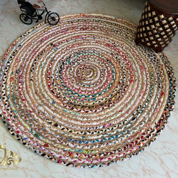 Tapis rond multicolore en coton et jute tressé à la main, tapis indiens faits à la main tressés, beau tapis traditionnel, décoration de chambre, tapis Boho, décoration d'intérieur