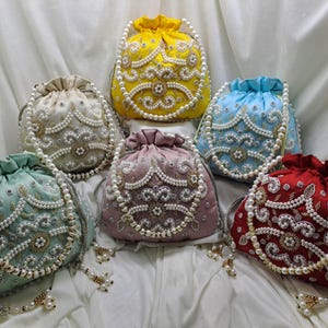 Handmade Pearl Beaded Bridal Potli Bag: Embroidered Indian Wedding Clutch