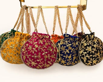 Bridal Potli Bag for Indian Wedding | Velvet Embroidered Clutch Purse | Handmade Ethnic Drawstring Handbag | Gift for Women