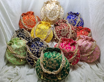 Handmade Embroidered Silk Potli Bags Bulk 100 PCS, Indian Wedding Favor Bags, Drawstring Gift Pouches, Bridesmaid Party Bags, Return Gifts