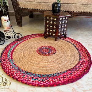 Hand Braided Jute & Cotton Round Rug: Bohemian Home Decor (4x4 Feet)