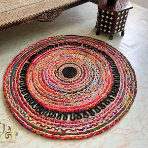 Hand Braided Round Jute Rug: Bohemian Colorful Cotton Chindi, 4x4 ft
