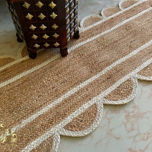 Scalloped Jute Runner Rug: Braided Hallway Rug, 2x6 ft