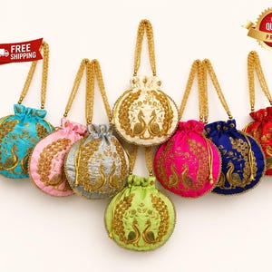 May include: A collection of colorful, round drawstring bags with gold beaded handles. Each bag features an embroidered peacock design. Colors include teal, pink, silver, cream, fuchsia, navy, red, and green. The bags are likely for carrying small items.