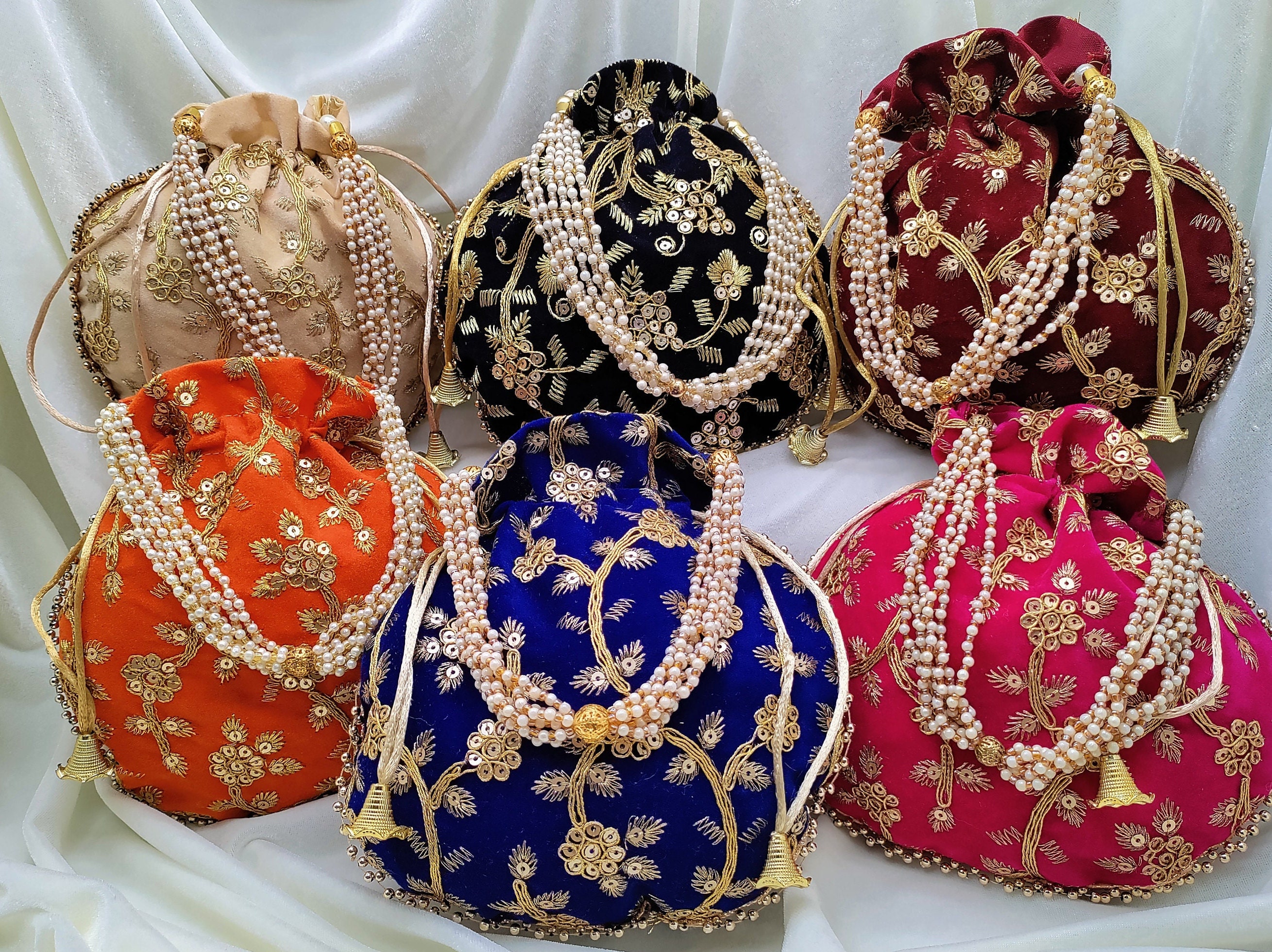 Embroidered Velvet Potli Bag, Indian Silk Drawstring Purse, Wedding Gifts Pouch