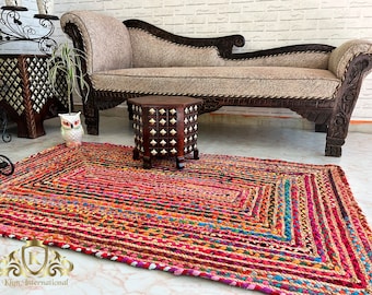 Hand Braided Cotton Jute Chindi Rugs 8x10 Custom Size Handmade Cotton & Recycled Rug Boho Farmhouse Home decor Rug Colourful Vintage Rug