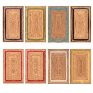Handgewebter Jute-Teppich mit farbiger Bordüre, rechteckiger, rustikaler und umweltfreundlicher Bodenteppich für Wohnzimmer, Schlafzimmer und mehr.