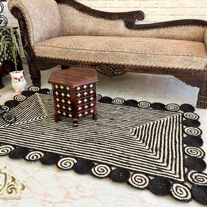 Natural Jute Rug Black With White Border, Jute Braided Rug, Rectangle Jute Rug, Bohemina Jute Rug, Boho Decor Rug, Area Rug, Custom Size Rug