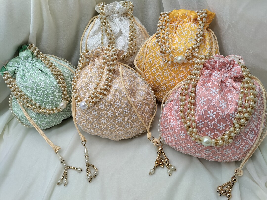 Elegant Chikankari Pearl Potli Bags Handmade Indian Gift Bags