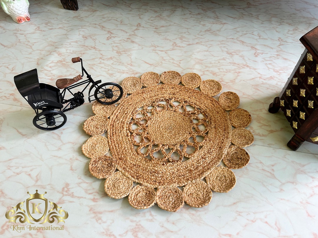 Floral Jute Braided Round Rug: Handmade Indian Rug (2x2 Feet) - Etsy