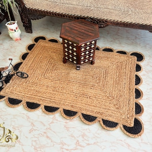 Black Scalloped Jute Rug: Handwoven Boho Area Rug (6x9 Feet)