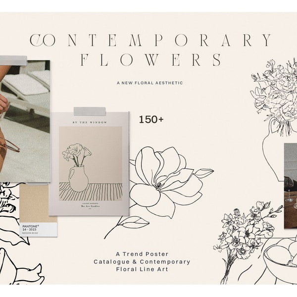 Modern Floral Illustration PNG - Modern Floral Line Art - Line Art Flower PNG - Floral Line Art Bundle - Floral Printable Poster