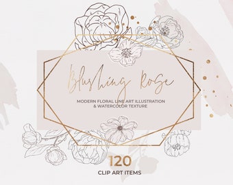May include: Blushing Rose: Modern Floral Line Art Illustration & Watercolor Texture, 120 Clip Art Items. A digital illustration of delicate flowers in a gold geometric frame with a watercolor background.